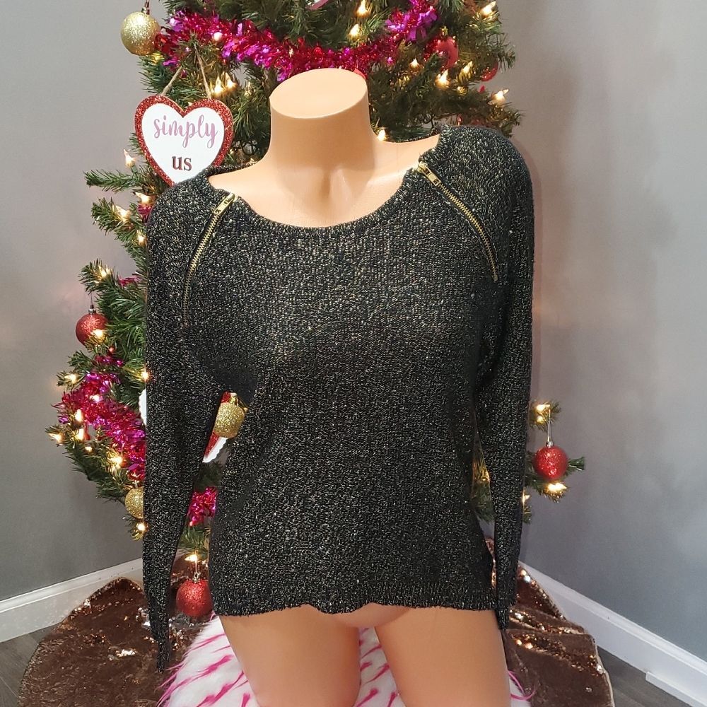 Bisou Bisou Black and Gold Sweater with Zipper Detail